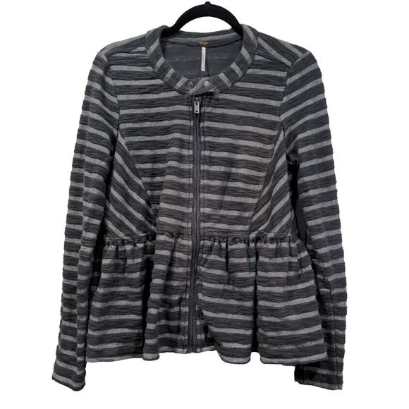 Free People Women's Peplum Striped Shacket Size XS Full Zip Boho Black Gray - Picture 1 of 11